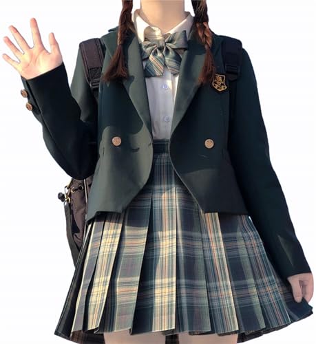 [QOOLYㅤ] スクール ブレザー 女子高生 制服 学生服 5点セット スクール コート ジャケット チェック柄 プリーツスカート リボン シャツ バッジ 女の子 JK制服 フォーマル スーツ レディース コスプレ 高校生 中学生 コスチューム 仮装 卒業式 入学式 green XXL