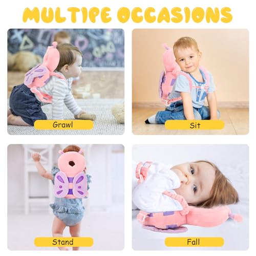 Baby Head Protection Backpack - Soft & Comfortable, Cute Cartoon Design, Pink Butterfly - Thumbnail 7