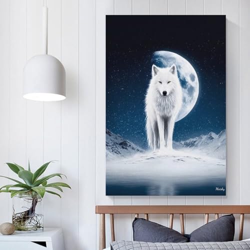 Impression sur toile loup blanc affiche vintage lune d'hiver