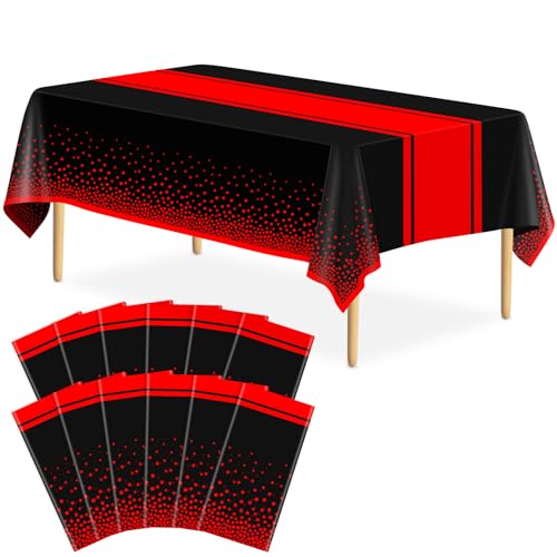 Image of 12 Pack Black and Red Tablecloth Party Decorations Plastic Black Tablecloth Printed Red Table Runner 54 x108 Inch Disposable Rectangle Table Cover for Birthday Wedding Graduation Anniversary