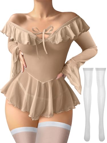 Image of Foxiny Sheer Ruffle Long Sleeve Babydoll Lingerie Dress | Off-shoulder neckline, flared cuffs and a flounce hem add movement; thong and thigh-high stockings complete the 3-piece set