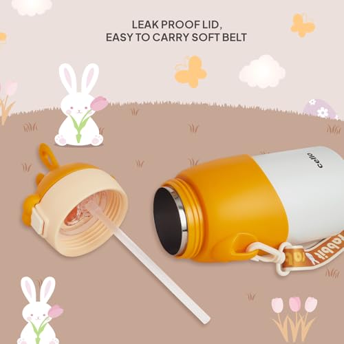Image of Cello Bunny Kids Stainless Steel Flask 500ml, Orange | Double Walled Vacuum Insulated Technology | One Click Push Button to Open | Ideal for School, Sports, Picnics