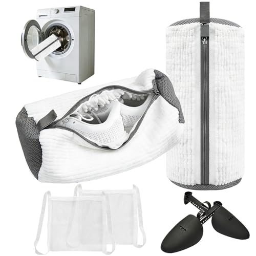 2Pcs Shoe Washing Machine Bag, Laundry Shoe Bag for Washer and Dryer, Reusable 360Â°Deep Protective Cleaning Bags, Include 2 Dry Net Bags and 2 Adjustable Shoe Trees, for Sneakers, Trainers(White)