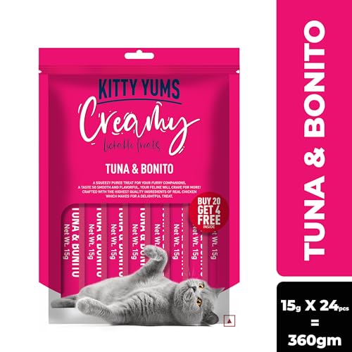 Image of Kitty Yums Kitten & Adult Creamy Lickable Cat Treats Tuna & Bonito 360g (15g x 24 Pieces) | Rich in Protein | Taurine for Heart & Vision | Ideal for Training and Bonding | Promotes Hydration