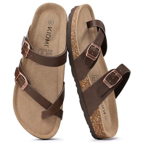 Image of KIDMI Women's Cork Footbed Sandals with Toe Loop, Comfortable Summer Slip-On Slides with Adjustable Buckle