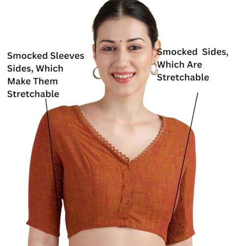 Image of Studio Shringaar Women's Handloom Cotton Side Stretchable (Smocked) Readymade Saree Blouse with Crochet Neckline