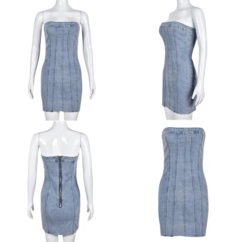Sexy Denim Strapless Dresses for Women Y2K Jeans Corset Backless Tube Bodycon Mini Dress Clubwear