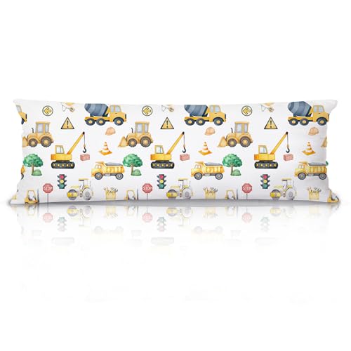 XUNLURY Construction 20x54 Body Pillow Cover, Construction Room Decor for Boys Room, Car Room Decor, Tractor Truck Traffic Control Decorative Long Pillow Cases for Bed Couch
