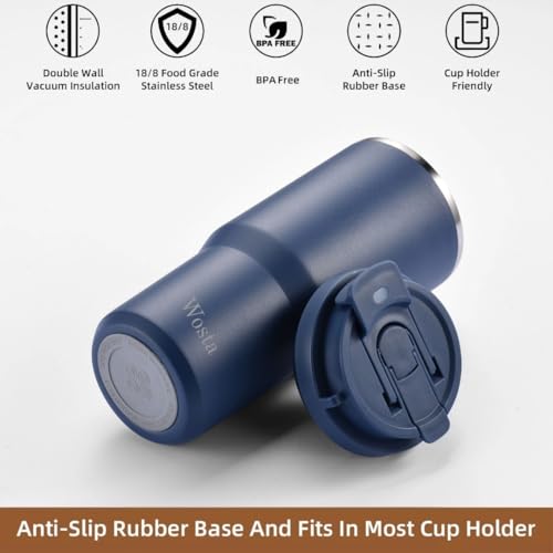 Image of Wosta 750 ml Stainless Steel Insulated Tumbler - Dual-Lid (Flip-Sip + Straw), Tea /Fruit Strainer, Leak-Proof Screw-On Lid, Silicone Straw & Hanging Belt. (Dark Blue)