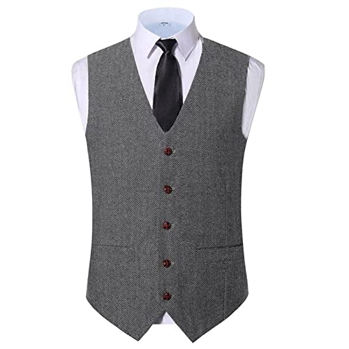 Casual Herringbone Suit Vest for Men V Neck 5 Button Tank Top Formal Business Dress Waistcoat for Work Banquet (Color : Grey, Size : X-Large)