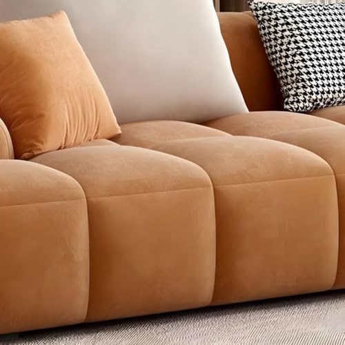 Image of Modern Cloud Puffy Velvet Sofa Tufted Structure Round Arm L-Shaped Sofa Set Round Back with Throw Pillows for Living Room (L Shape +1 & Footrest, Rust Orange)