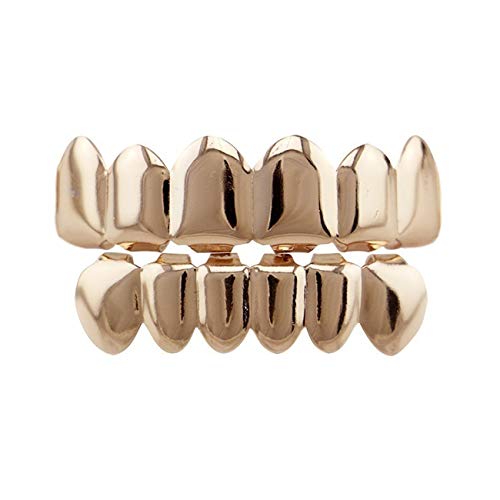 24K Gold Plated Hip Hop Teeth Grillz Punk Custom Fit Teeth Grillz Caps Top & Bottom Grill Set Removable Hip Hop Mouth Grills For Women Men Gift Halloween Party Photo Fancy Dress Accessories Rose Gold