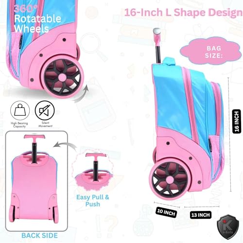 Image of i-kola 3pcs Kids Rolling School Bag Set - 16″ Trolley Backpack with Wheels, Spill-Proof Lunch Bag & Pencil Case - Telescopic Handle, Bottle Holder, L-Shaped Smooth Wheels, IKOLA - BLUEISH PINK, 16