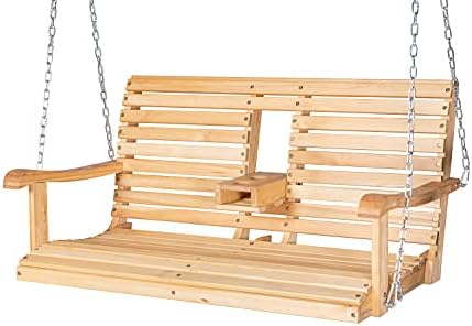 GDLF 4FT Porch Swing Chair Garden Patio Swing Bench Solid Wood Hanging Bench with Foldable Cupholder Heavy Duty Chains