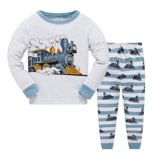 Popshion Little Boys Pajamas for Toddler Clothes Set Train Truck Sleepwear Long Sleeve 100% Cotton 2 Piece Kids Pjs Size 4t