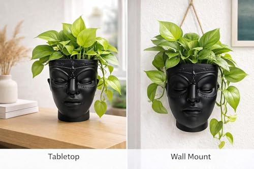 Image of Ceramic Lady Face Wall Hanging Planter | 17.5 x 13.5 cm Abstract Face Vase for Indoor Wall, Living Room, Balcony & Home Decor (Black Wall Hanging & Table Top)