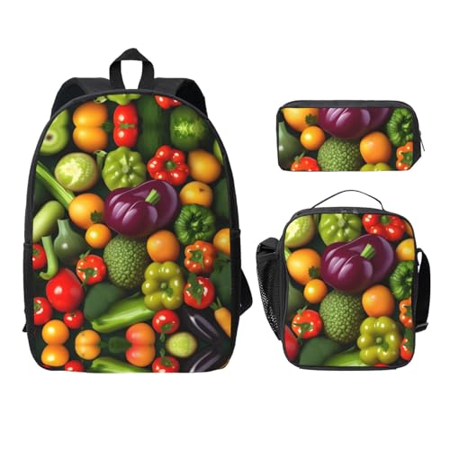 Sac à dos d'école léger 3 pièces avec imprimé légumes fruits noir taille unique