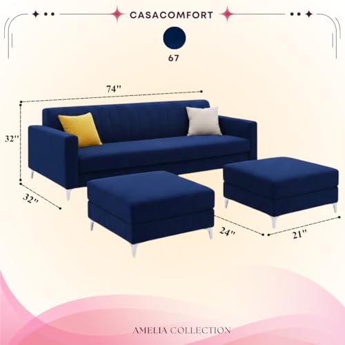 Image of Amelia 5 Seater L Shape Sofa Set with 2 Movable Ottomans | Flexible Layout | Rich Velvet Suede Fabric | Silver Legs | Spacious Seating | Modern Sofa for Living Room (Dark Blue)