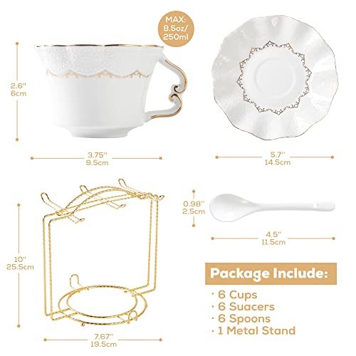 Dujust Tea Cups And Saucers Set Of 6 (8.5 Oz), Luxury Tea Cup Set With Golden Trim, Relief Printing Coffee Cups With Metal Stand, British Royal Porcelain Tea Party Set - White #TOP4