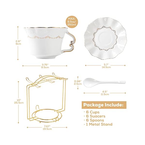 DUJUST Tea Cups and Saucers Set of 6 (8.5 OZ), Luxury Tea Cup Set with