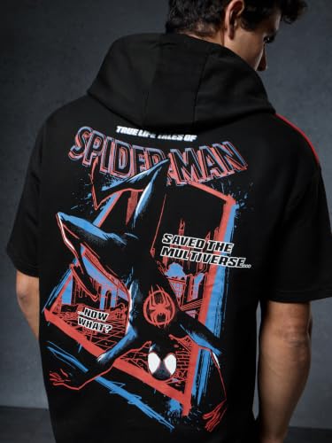 Image of The Souled Store Official Spider-Man: Saving The Spider-Verse Mens Regular Fit Half Sleeve Graphic Printed Cotton Black Color Hooded T-Shirt Men's T-Shirts Graphic Tees Casual Fashion