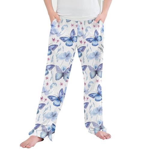 Flower Butterfly Long Pajama Pants Elastic Waist PJ Bottoms with Pockets S A111303