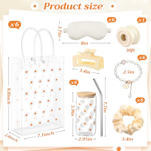 Vesici White 42 Pcs Spa Sleepover Party Supplies Bulk for Women 6 Set Slumber Spa Birthday Party Favor with Glass Cup, Eye Mask, Hair Tie, Hair Clip, Bracelet, Tote Bag, Ribbon (Daisies) by Vesici - Used condition - Image 2
