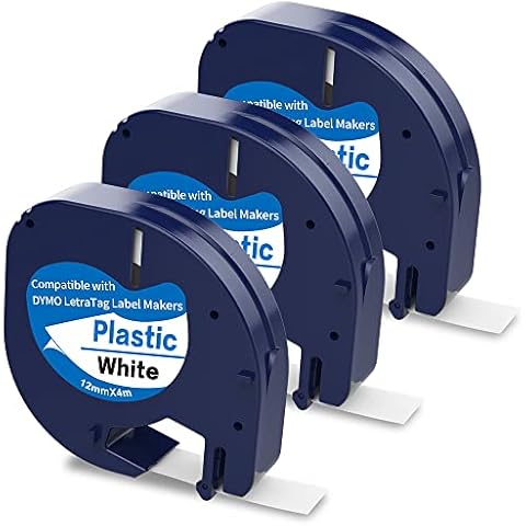 3 X 91201 Plastic Label Tape Compatible with Dymo Letratag Tape for Dymo Letra Tag LT-100H 100T QX50 Label Maker, 12mm x 4m Black on White Cover
