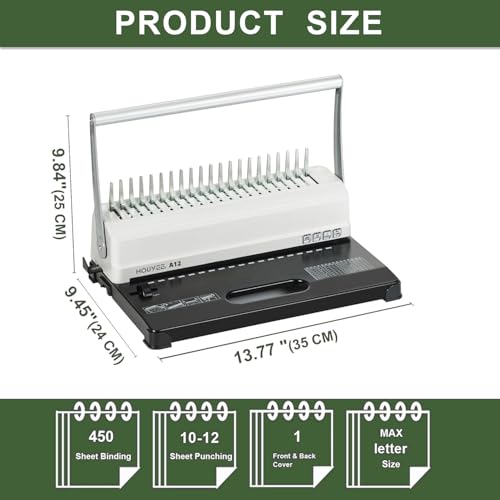 HOUYEE Manual Comb Binding Machine,19 Holes, 450 Sheets,Paper Punch Comb Binder Machine with 50 PCS 1/2" Comb Binding Spines, Fit for Letter Size Paper