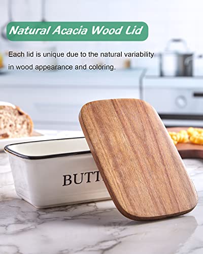 Farmhouse Butter Dish With Lid For Countertop - Large Ceramic Butter Container Holder With Acacia Wooden Lid For Counter - Modern Farmhouse Kitchen Decor And Accessories - White #TOP6