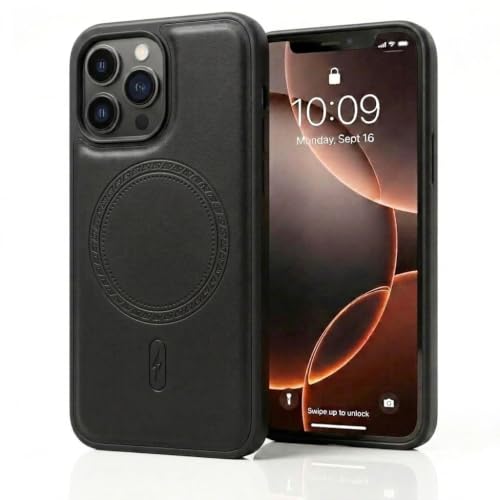 Image of amazon basics Premium PU Leather Case for iPhone 13 Pro, MagSafe Compatible Magnetic Ring, Sleek Protective Back Cover - [Black]