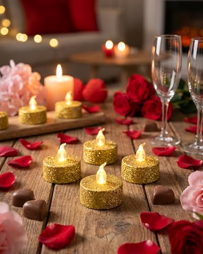 Image of Gold Glitter Tealights Candles with Timer, 12 Pack | Battery Operated Tea Lights for Wedding, Christmas Decorations,Anniversary, Built-in 6 Hours
