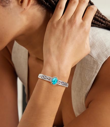 Native American Genuine Turquoise Bracelet Cuff for Women 925 Sterling Silver Oval Gemstone Adjustable Bangle Boho Style Jewelry for Wife Mom2
