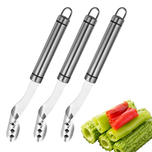 3pcs Jalapeno Pepper Corer, 2 in 1 Chili Corer Tool - Stainless Steel Pepper Seed Remover with Serrated Slice & Handle, for Slicing Off Vegetable Tops or Removing Pepper Cores