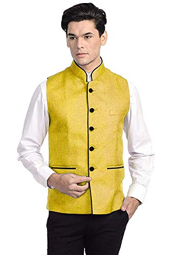Image of Vastraa Fusion Men's Solid Nehru Jacket (VS0515A-36 Yellow S)