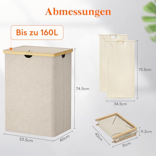 Lifewit 160L Bambus Wäschekorb mit Deckel, Faltbar Wäschesammler 2 Fächer Wäschesortierer mit Abnehmbarem Wäschesack Bambus Griffen Wäschebox Laundry Baskets für Waschküche, Schlafzimmer, Beige