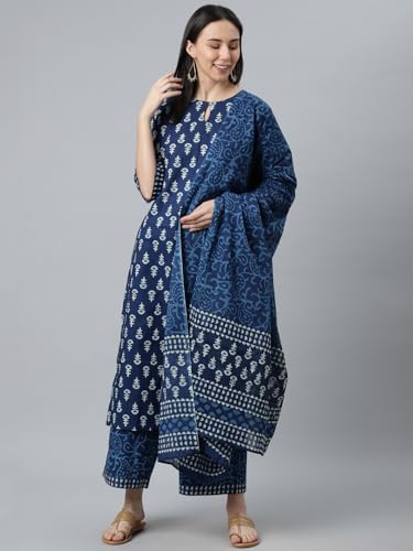 Image of Libas Printed Cotton Straight Kurta With Palazzo and Dupatta