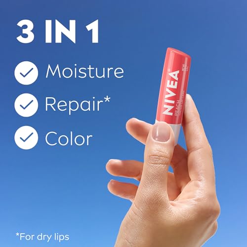 Image of NIVEA Peach Lip Care, Tinted Lip Balms with Shea Butter, 4 x 0.17 OZ
