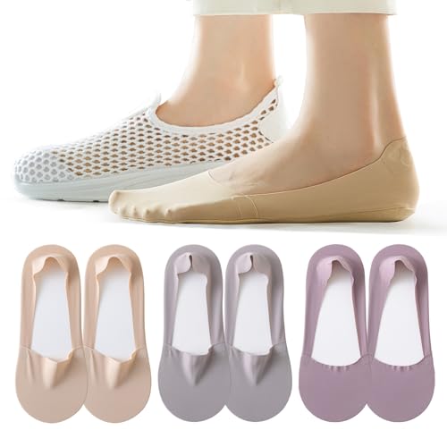 Image of 6 Pairs Womens No Show Socks Low Cut Liner Socks Ice Silk Surface socks Nonslip ankle Invisible Hidden Thin Socks 2xGrey 2xNude 2xPurple