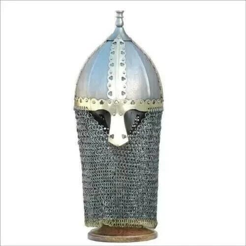 Medieval Viking Knight Helmet with Chain Mail Armor Replica | Steel & Brass Material, Adult Unisex, Reenactment Use, Wipe Clean Care, 9 Inch Diameter