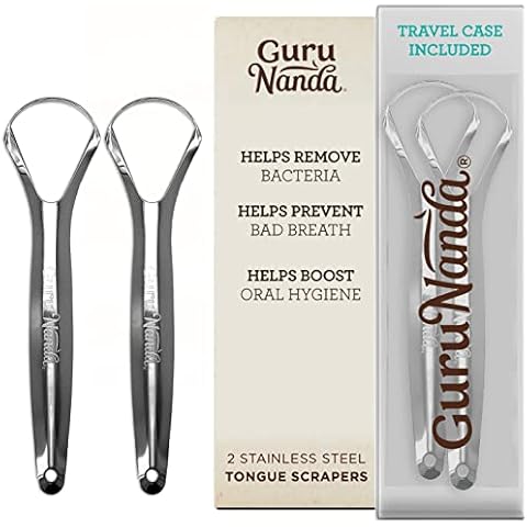 GuruNanda Stainless Steel Tongue Scraper, Fights Bad Breath, 100% Stainless Steel, Great for Oral Hygiene, Tongue Cleaner for Adults and Kids Silver 2 Count (Pack of 1) Cover