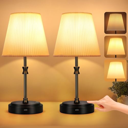 Glowlit Lamparas de mesita de noche 2 Piezas Lámpara de Mesa con Pantalla de Lino, 6000 mAh Luz de Noche Recargable, Negra Metal Base, para Dormitorio y Sala de Estar, con Bombilla LED