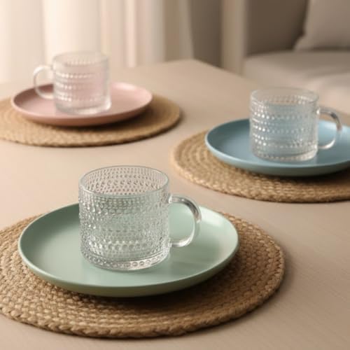 3’lü Cam Kupa Seti 300 ml – Kabartmalı Desenli Şeffaf Cam Kahve ve Çay Kupası - Görsel 6