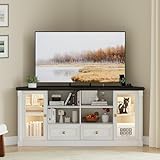Farmhouse Corner TV Stand for 55 65 Inch TV, Modern Corner Entertainment Center with Power Outlet, Adjustable LED Lights & Glass Doors , Wood Console Cabinet with Storage for Living Room, Bedroom