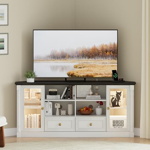 Farmhouse Corner TV Stand for 55 65 Inch TV, Modern Corner Entertainment Center with Power Outlet,...