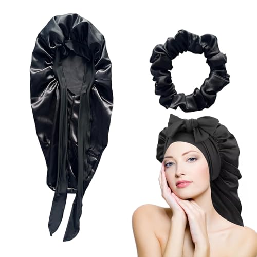 Lubastia Extended Satin Hair Bonnet for Women - Luxurious Silk Sleep Cap for Long, Curly, Braided, or Textured Hair - Adjustable Elastic Band for Secure Fit Black