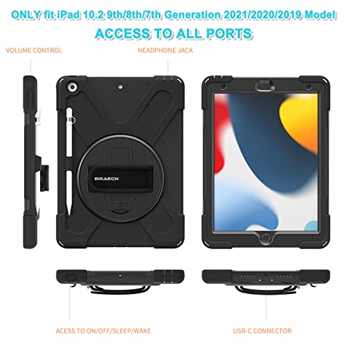 Braecn Ipad 9Th/8Th/7Th Generation Case,Heavy Duty Shockproof Case With Screen Protector, Pencil Holder, Pencil Cap Holder, Hand Strap, Kickstand,Shoulder Strap For Ipad 10.2 Inch 2021/2020/2019-Black #TOP6