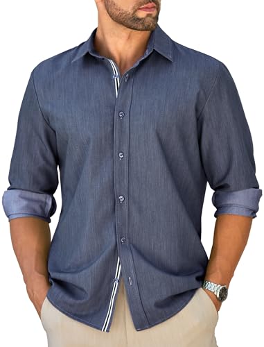 MAPICK Mens Untucked Dress Shirt Stretch Wrinkle Free Button Down Shirt Long Sleeve Business Casual Lightweight Denim Texture