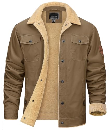 KEFITEVD Mens Fleece Jacket Trucker Warm Thick Cargo Jackets Windproof Casual Bomber Coat for Men Khaki S