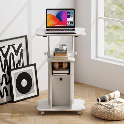 Mobile Laptop Podium, Portable Height Adjustable Podium Stand, Rolling Lectern Desk with Storage, 180° Tilting Top, Lockable Universal Casters, Sit-to-Stand Computer Desk for Home, Office - Thumbnail 3